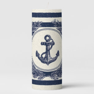 Nautical Anchor and Laurel Wreath on Navy Stripes Pillar Candle