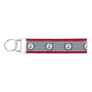 Nautical Anchor and Laurel Wreath on Navy Stripes Wrist Keychain
