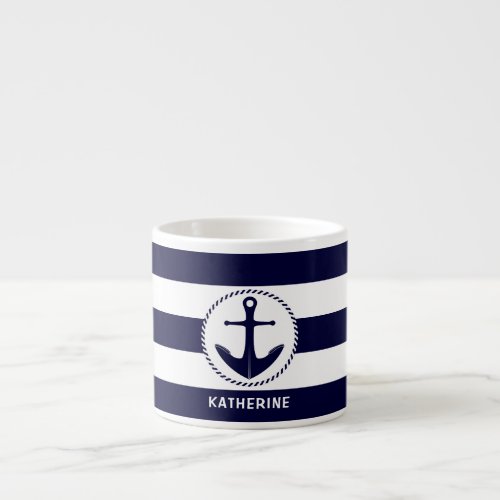 Nautical Anchor And Navy Blue Striped Custom Espresso Cup