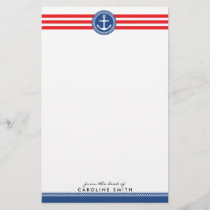Nautical anchor and red stripes personalized stationery