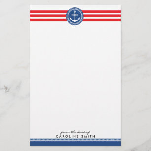 Nautical anchor and red stripes personalized stationery