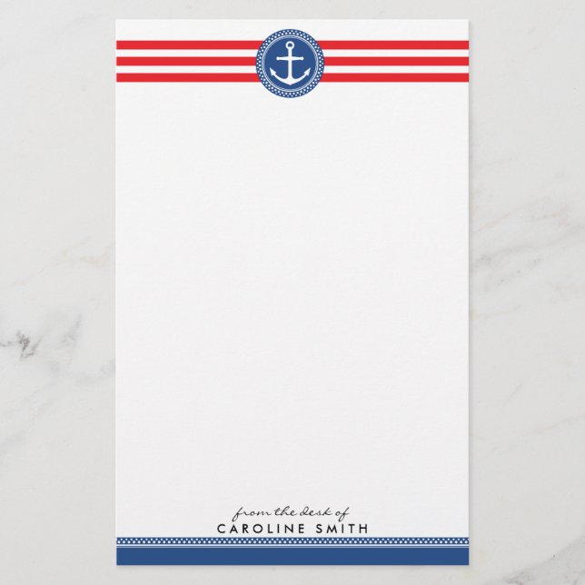 Nautical anchor and red stripes personalized stationery (Front)