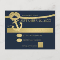 Nautical Anchor and Rope Gold and Blue RSVP Card