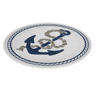 Nautical Anchor And Rope In Blue And White Cutting Board