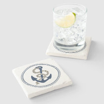 Nautical Anchor And Rope In Blue And White Stone Coaster