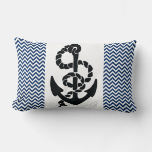NAUTICAL /ANCHOR AND ROPE,NAVY BLUE WHITE CHEVRONS LUMBAR PILLOW