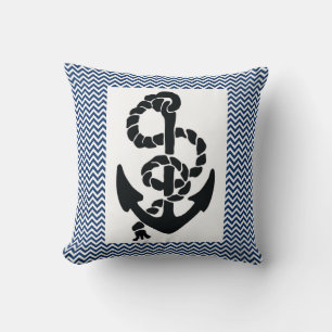 NAUTICAL /ANCHOR AND ROPE,NAVY BLUE WHITE CHEVRONS THROW PILLOW