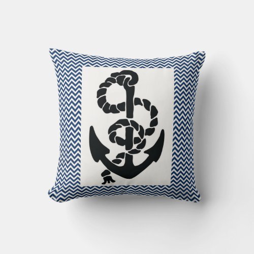 NAUTICAL ANCHOR AND ROPENAVY BLUE WHITE CHEVRONS THROW PILLOW