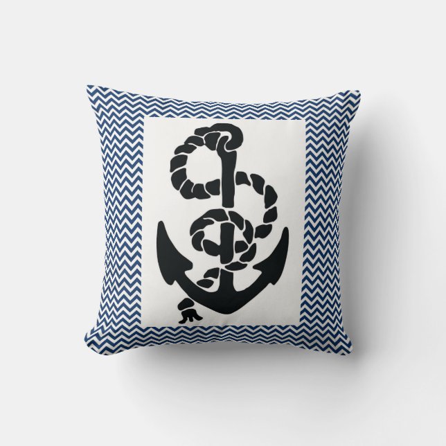 NAUTICAL /ANCHOR AND ROPE,NAVY BLUE WHITE CHEVRONS THROW PILLOW (Front)