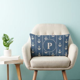 Nautical Anchor and Rope Stripes Monogram Lumbar Pillow