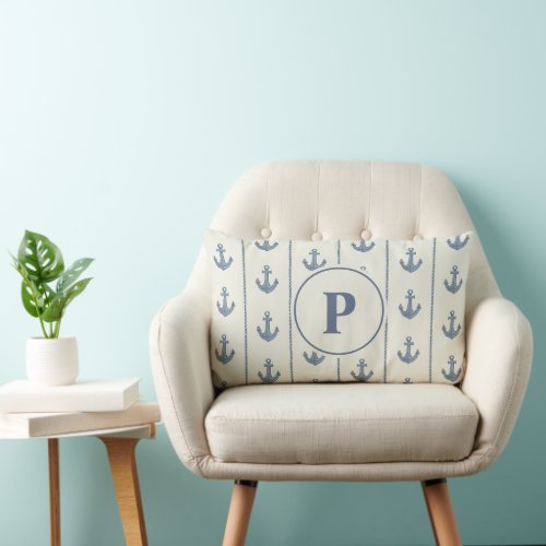 Nautical Anchor and Rope Stripes | Monogram Lumbar Pillow