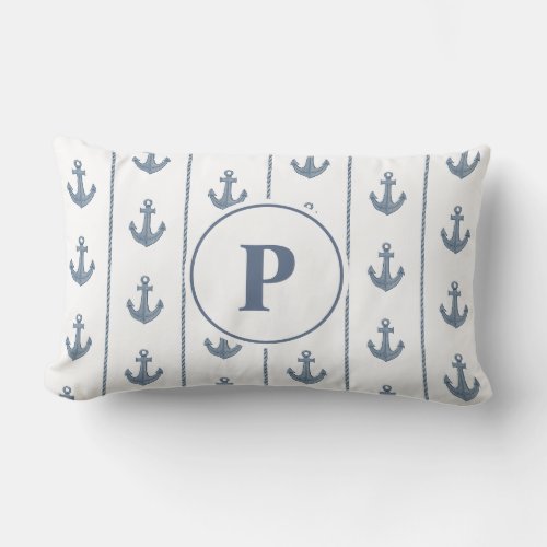 Nautical Anchor and Rope Stripes | Monogram Lumbar Pillow