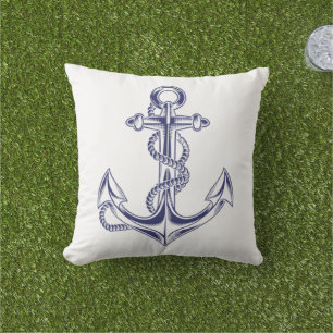 Nautical Anchor and Rope White Throw Pillow