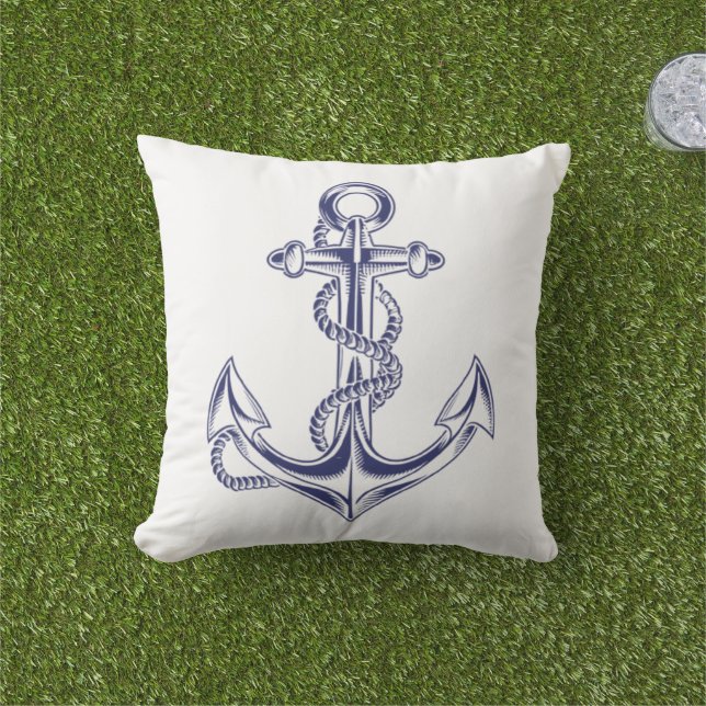 Nautical Anchor and Rope White Throw Pillow (Grass)
