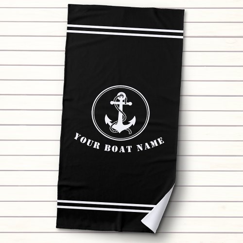 Nautical Anchor and Rope with Boat Name Black Beach Towel
