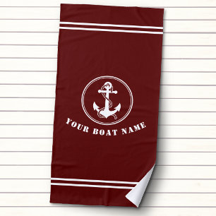 Nautical Anchor and Rope with Boat Name Deep Red Beach Towel