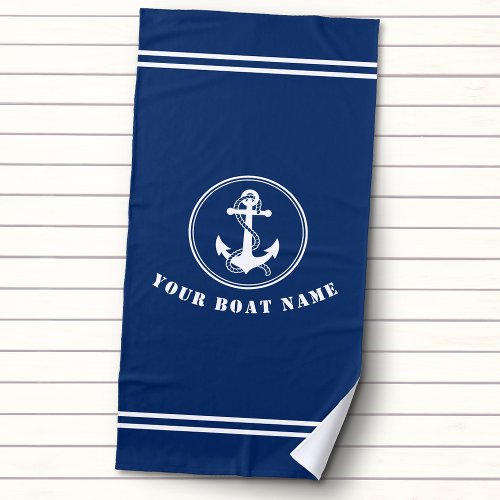 Nautical Anchor and Rope with Boat Name Navy Blue Beach Towel