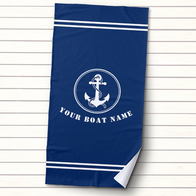 Nautical Anchor and Rope with Boat Name Navy Blue Beach Towel (Creator Uploaded)