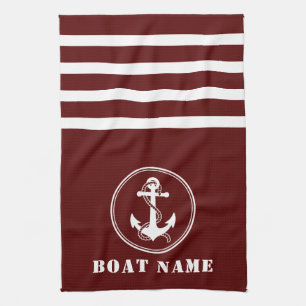 Nautical Anchor and Rope Your Boat Name Navy Red Kitchen Towel