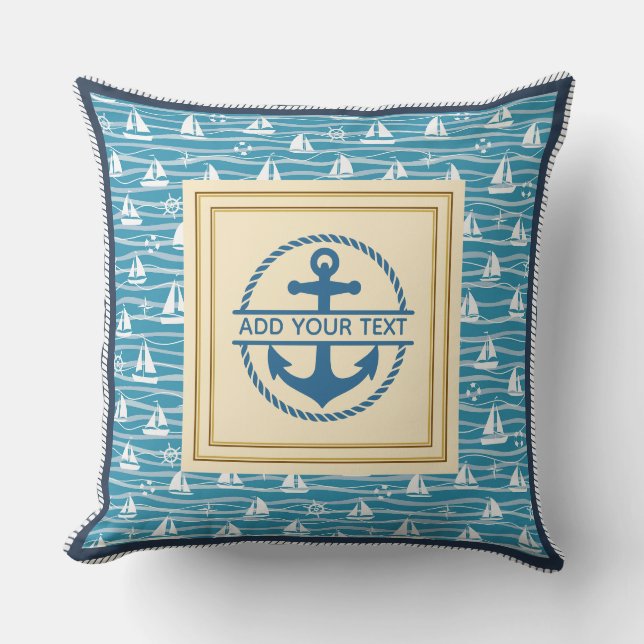 Nautical Anchor and Sailboat Pattern Personalized Throw Pillow (Front)