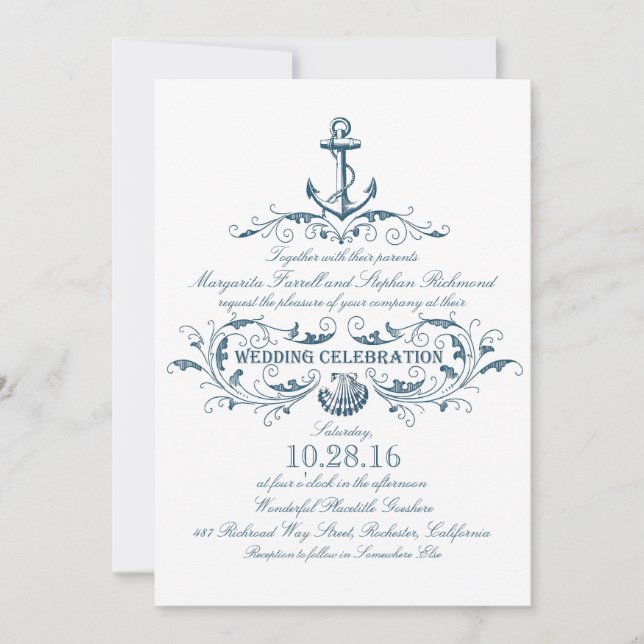 nautical anchor and seashell beach wedding invites (Front)