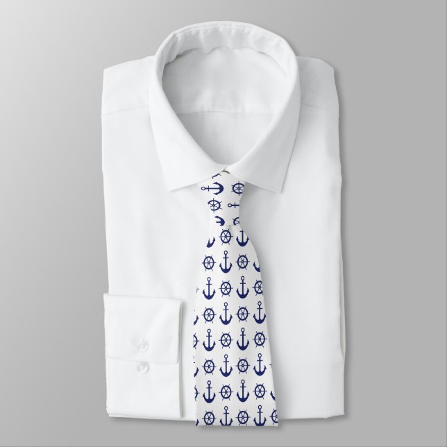Nautical Anchor and Steering Wheel Pattern Neck Tie (Tied)