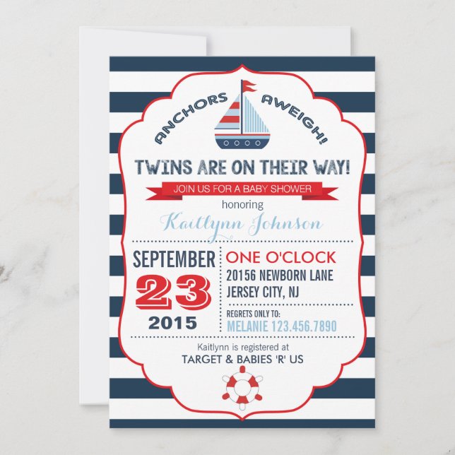 Nautical Anchor and Stripe Baby Shower Invitation (Front)