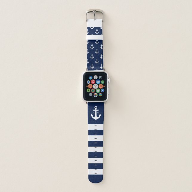 Nautical Anchor and Stripes Monogram Apple Watch Band (Front)