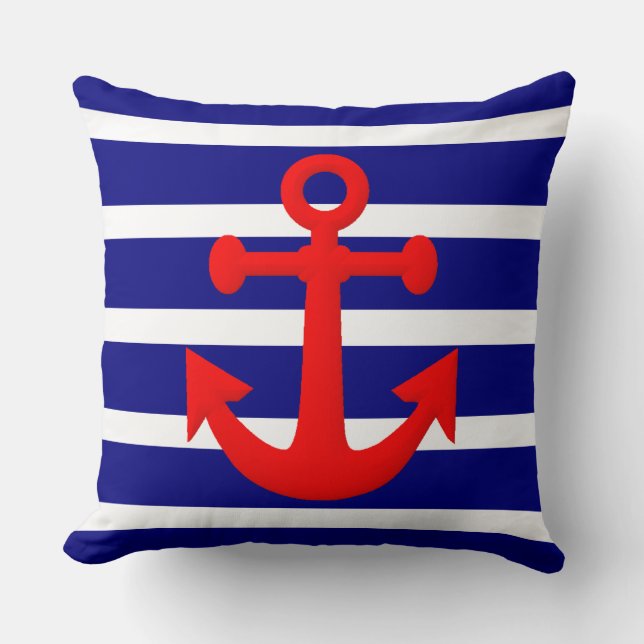Nautical Anchor and Stripes Pattern Throw Pillow (Front)