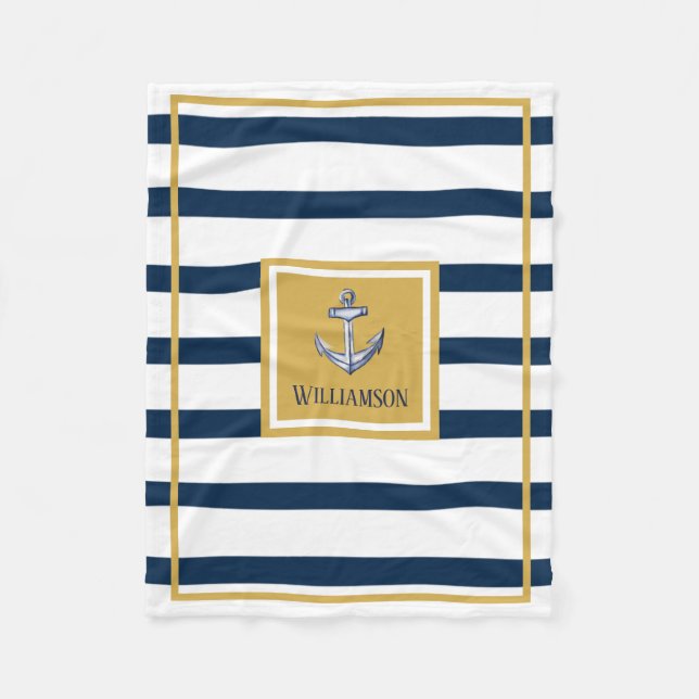 Nautical Anchor and Stripes Personalized Fleece Blanket (Front)