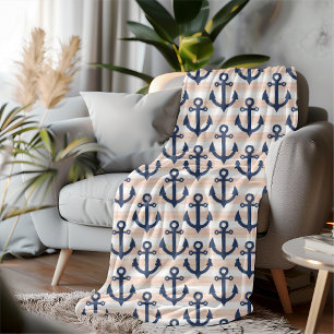 Nautical Anchor and Stripes Watercolor Fleece Blanket
