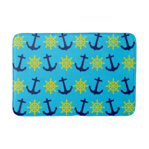 Nautical Anchor and Wheel Pattern On Aqua Blue Bathroom Mat