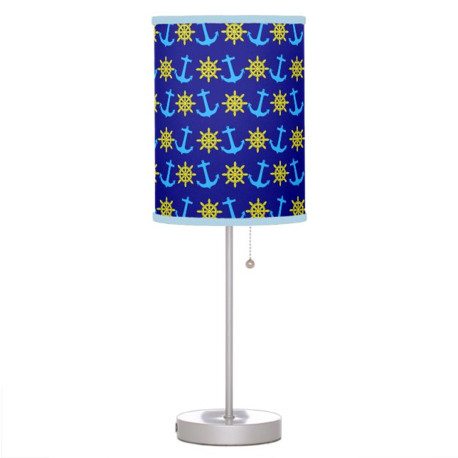 Nautical Anchor and Wheel Pattern On Navy Blue Table Lamp (Left)