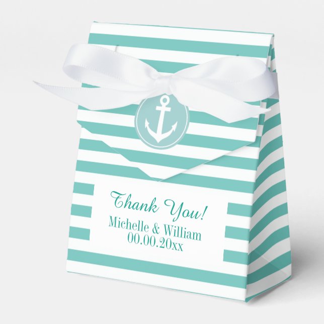 Nautical anchor aqua blue stripe wedding favor box (Front Side)