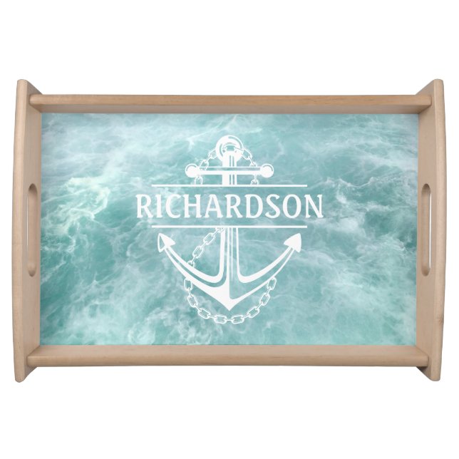 Nautical Anchor Aqua Blue Water Family Name Serving Tray (Front)