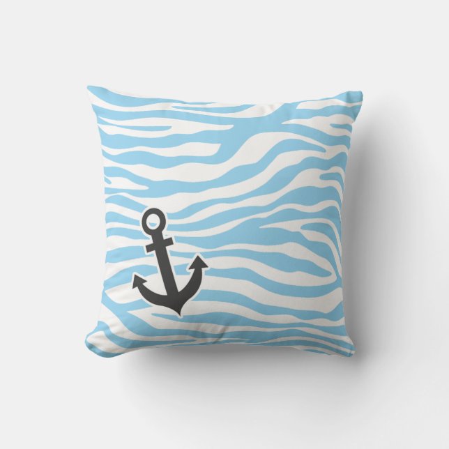 Nautical Anchor; Baby Blue Zebra Animal Print Throw Pillow (Front)