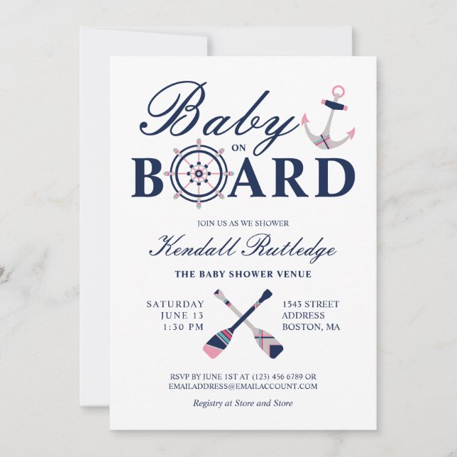Nautical Anchor Baby On Board Girl Baby Shower Invitation (Front)