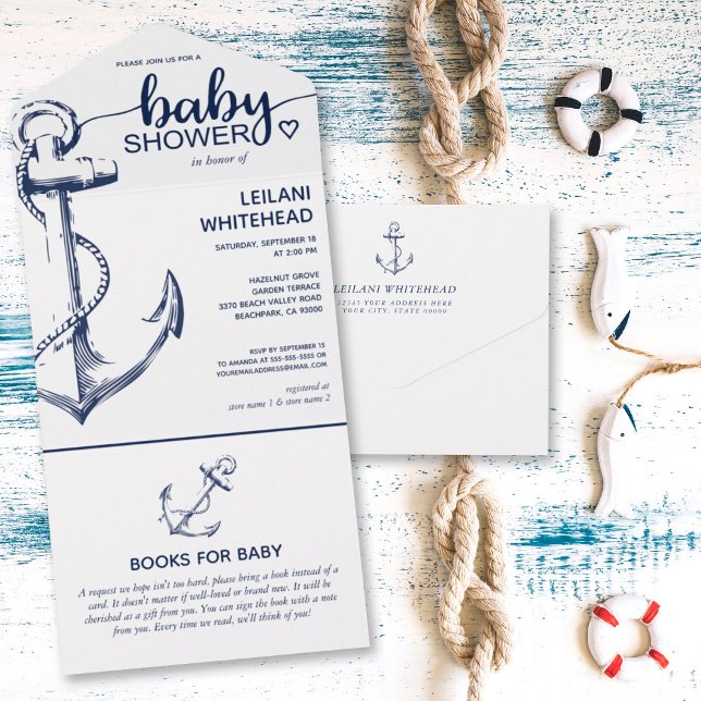Nautical Anchor Baby Shower Books for Baby All In One Invitation (Creator Uploaded)