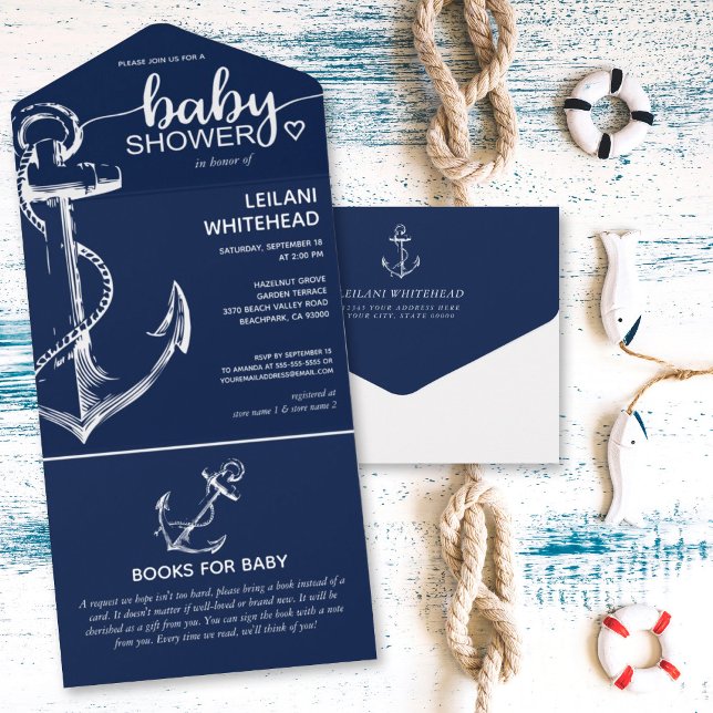 Nautical Anchor Baby Shower Books for Baby Navy All In One Invitation (Creator Uploaded)