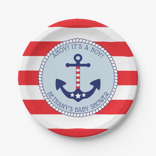 Nautical Anchor Baby Shower Boy Patriotic Paper Plates (Front)