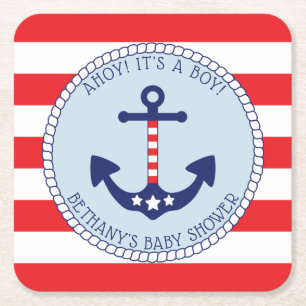Nautical Anchor Baby Shower Boy Patriotic Square Paper Coaster