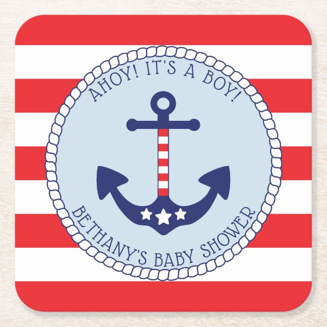 Nautical Anchor Baby Shower Boy Patriotic Square Paper Coaster (Front)