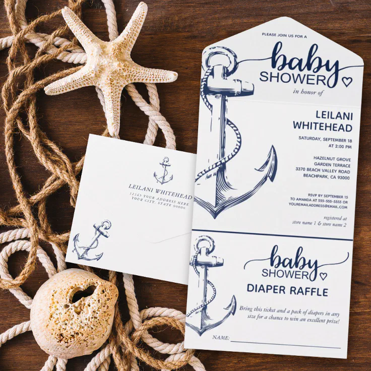 Nautical Anchor Baby Shower Diaper Raffle All In One Invitation | Zazzle