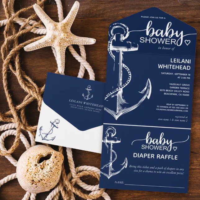 Nautical Anchor Baby Shower Diaper Raffle Navy All In One Invitation ...