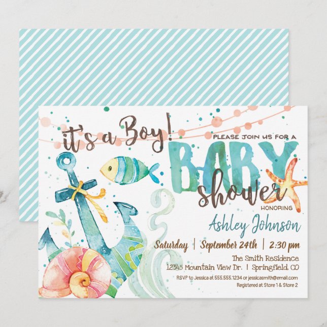 Nautical Anchor Baby Shower invitation, Boy Invitation (Front/Back)
