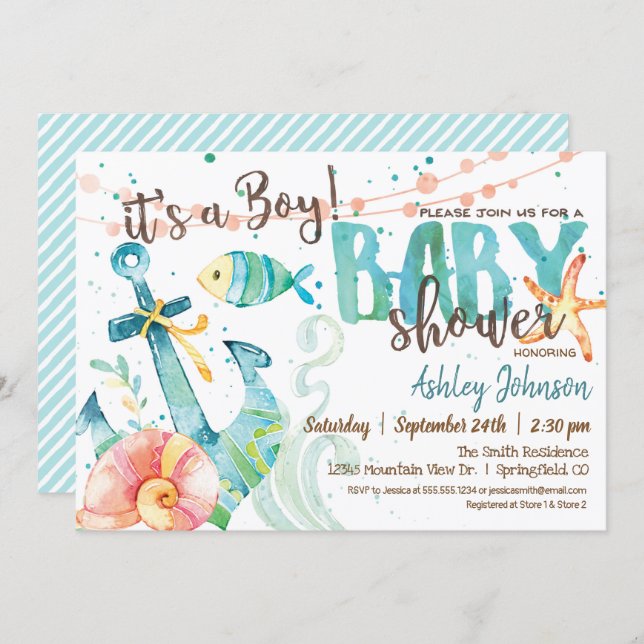 Nautical Anchor Baby Shower invitation, Boy Invitation (Front/Back)