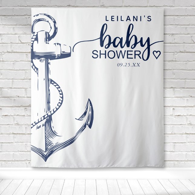 Nautical Anchor Baby Shower White Tapestry (Nautical anchor baby shower on a white backdrop with navy blue anchor and typography.)