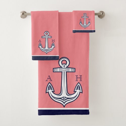 Nautical Anchor Bathroom Coral White Navy Blue Bath Towel Set