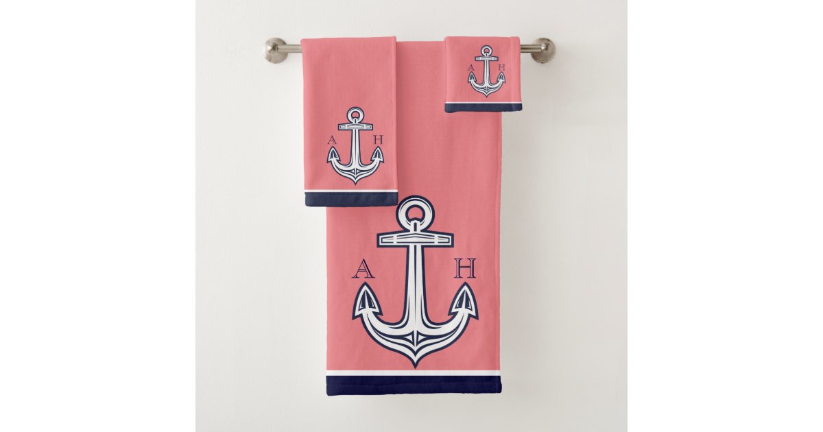 Nautical Anchor Bathroom Coral White Navy Blue Bath Towel Set Zazzle