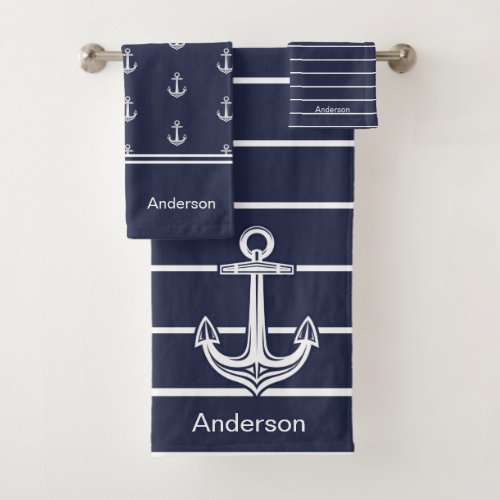 Nautical Anchor Bathroom Ocean Navy Blue  Bath Towel Set